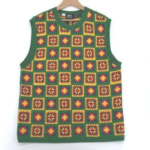 WESC Men's Green Yellow Knit Patchwork Grandpa Grandma Crew Neck Sweater Vest XL